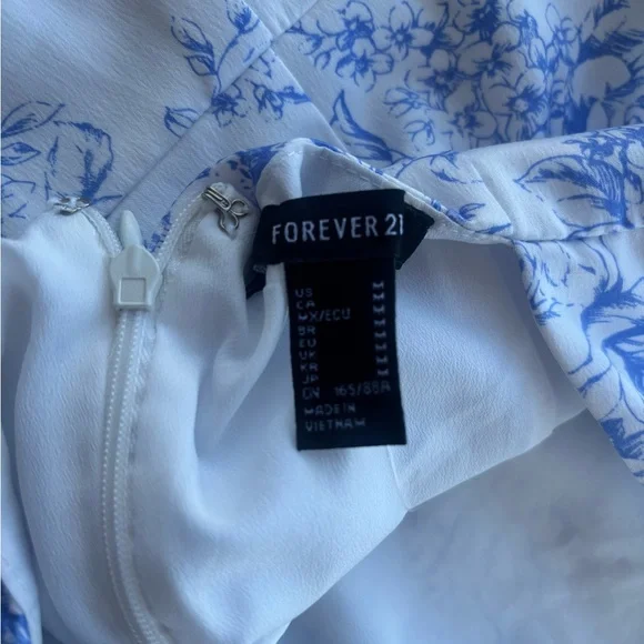 Blue & White Floral Puff Sleeve Mini Dress | Cottagecore Coquette - Picture 5 of 5